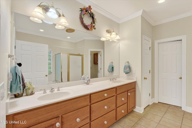 7622 Fairway Dr, Diamondhead, MS 39525 - full bathroom featuring double vanity, a shower stall, tile patterned flooring, and crown molding