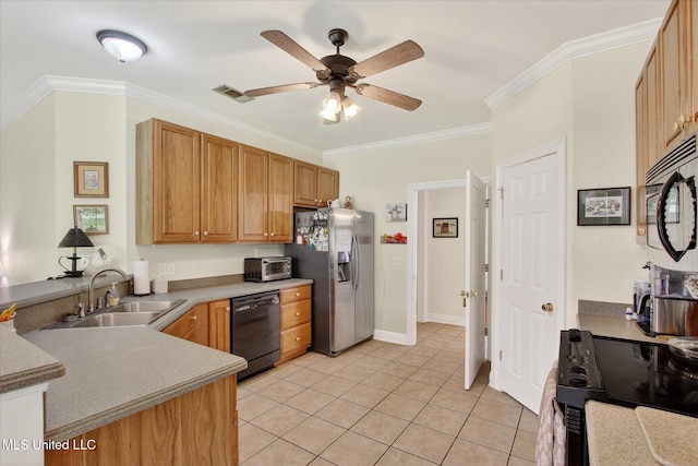 7622 Fairway Dr, Diamondhead, MS 39525 - kitchen featuring black dishwasher, stainless steel fridge with ice dispenser, range, crown molding, and ceiling fan