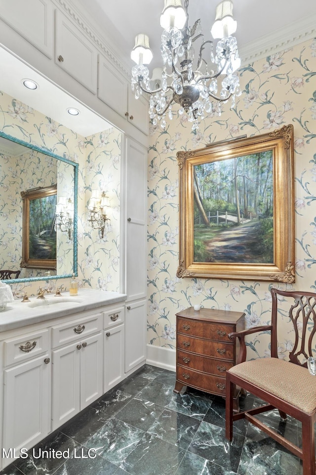 1616 Poplar Blvd, Jackson, MS 39202 - bathroom featuring wallpapered walls, vanity, a chandelier, baseboards, and ornamental molding