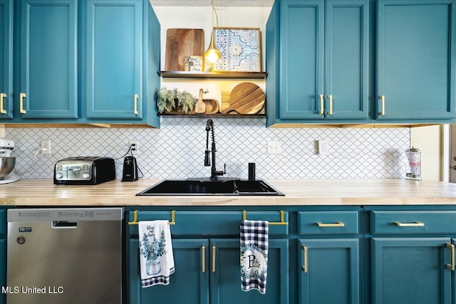 kitchen with light countertops, dishwasher, and blue cabinetry