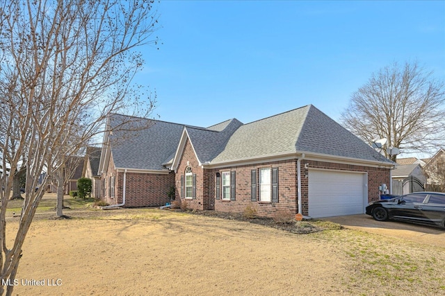 view of front facade featuring driveway, a shingled roof, a garage, and brick siding