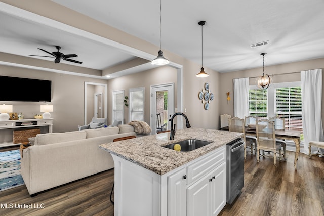 67 E Andover, Hattiesburg, MS 39402 - kitchen featuring dark wood finished floors, open floor plan, white cabinets, and light stone countertops