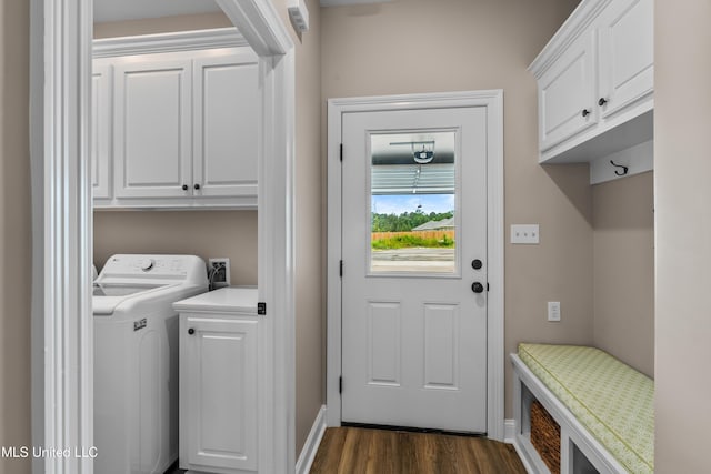 67 E Andover, Hattiesburg, MS 39402 - laundry room with cabinet space, washer / clothes dryer, and dark wood finished floors