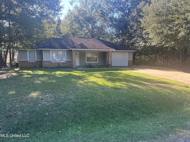 ranch-style house with a garage and a front yard