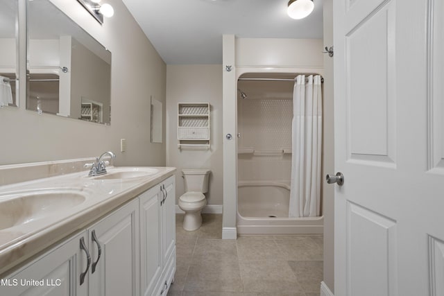 bathroom featuring toilet, curtained shower, a sink, tile patterned flooring, and double vanity