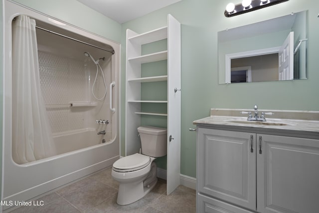 bathroom with tile patterned flooring, vanity, toilet, and shower / bathtub combination with curtain