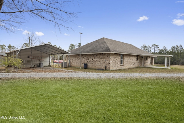 view of home's exterior featuring brick siding, roof with shingles, driveway, cooling unit, and a yard