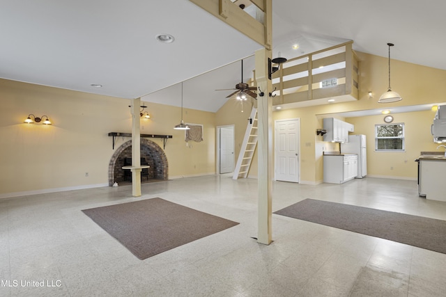 interior space with high vaulted ceiling, baseboards, recessed lighting, a ceiling fan, and light floors