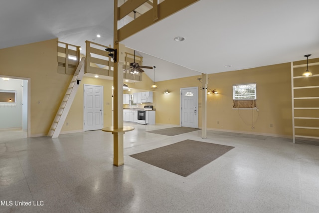 garage with a ceiling fan, baseboards, and recessed lighting
