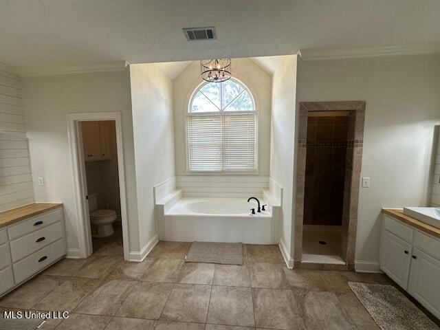 117 Peninsula Dr, Brandon, MS 39047 - full bathroom with tiled shower, vanity, a garden tub, visible vents, and ornamental molding