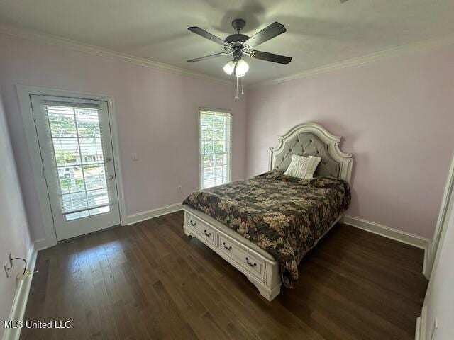 117 Peninsula Dr, Brandon, MS 39047 - bedroom with baseboards, dark wood-style flooring, ornamental molding, and a ceiling fan