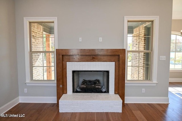 room details with a fireplace and hardwood / wood-style floors