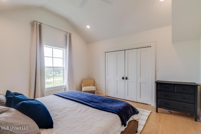 405 Mason Ave, Long Beach, MS 39560 - bedroom with vaulted ceiling, light wood-style flooring, recessed lighting, a closet, and a ceiling fan
