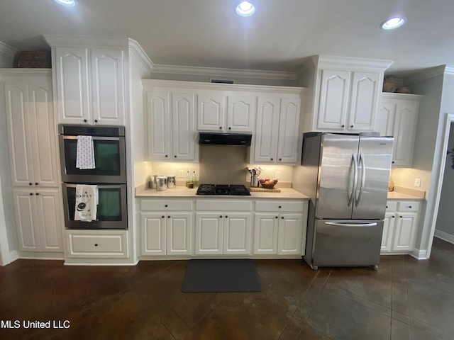 kitchen featuring light countertops, white cabinetry, crown molding, under cabinet range hood, and stainless steel appliances