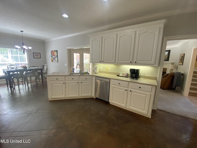 kitchen with crown molding, stainless steel dishwasher, a healthy amount of sunlight, and a sink