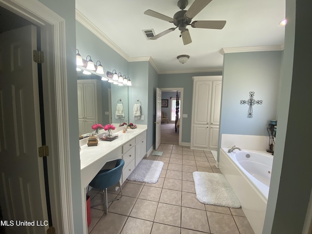 full bathroom featuring a garden tub, ceiling fan, tile patterned flooring, visible vents, and double vanity