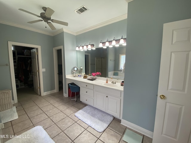 full bathroom with crown molding, visible vents, tile patterned floors, and vanity