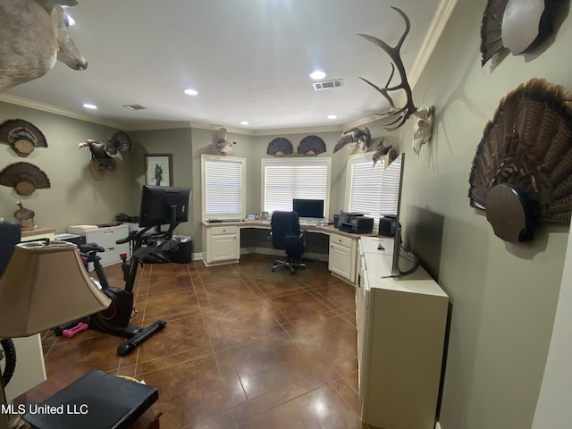 office with ornamental molding, visible vents, dark tile patterned floors, and recessed lighting