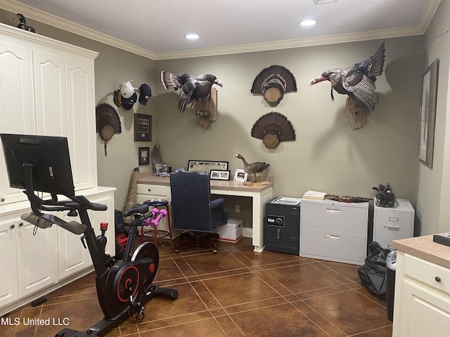office space featuring recessed lighting, dark tile patterned floors, and ornamental molding