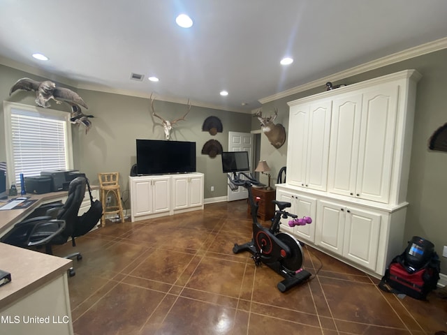 home office featuring ornamental molding, visible vents, and recessed lighting
