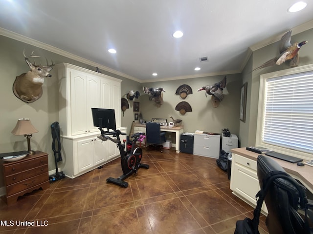 interior space featuring recessed lighting, visible vents, crown molding, and dark tile patterned flooring