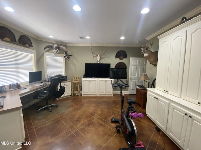 office area featuring dark tile patterned flooring, ornamental molding, visible vents, and recessed lighting
