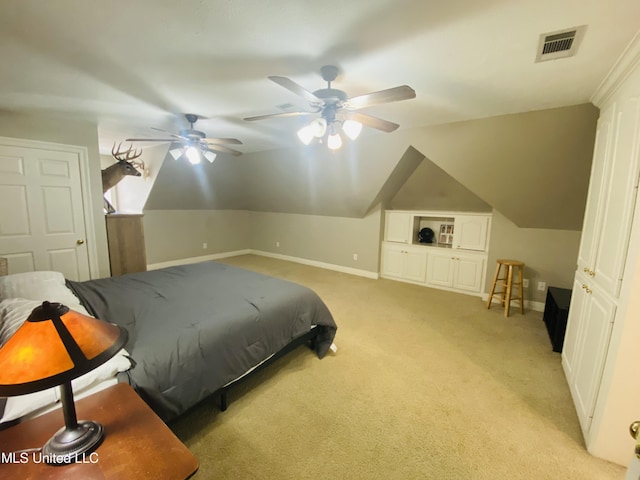 bedroom with visible vents, baseboards, ceiling fan, light colored carpet, and lofted ceiling