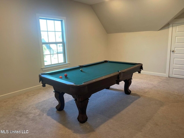 7228 Edgewater Dr, Olive Branch, MS 38654 - playroom featuring baseboards, billiards table, carpet flooring, and lofted ceiling