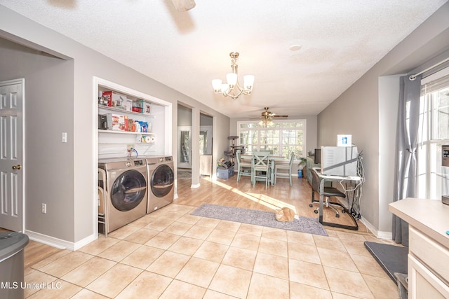 laundry area with ceiling fan with notable chandelier, independent washer and dryer, a textured ceiling, built in features, and light tile patterned flooring