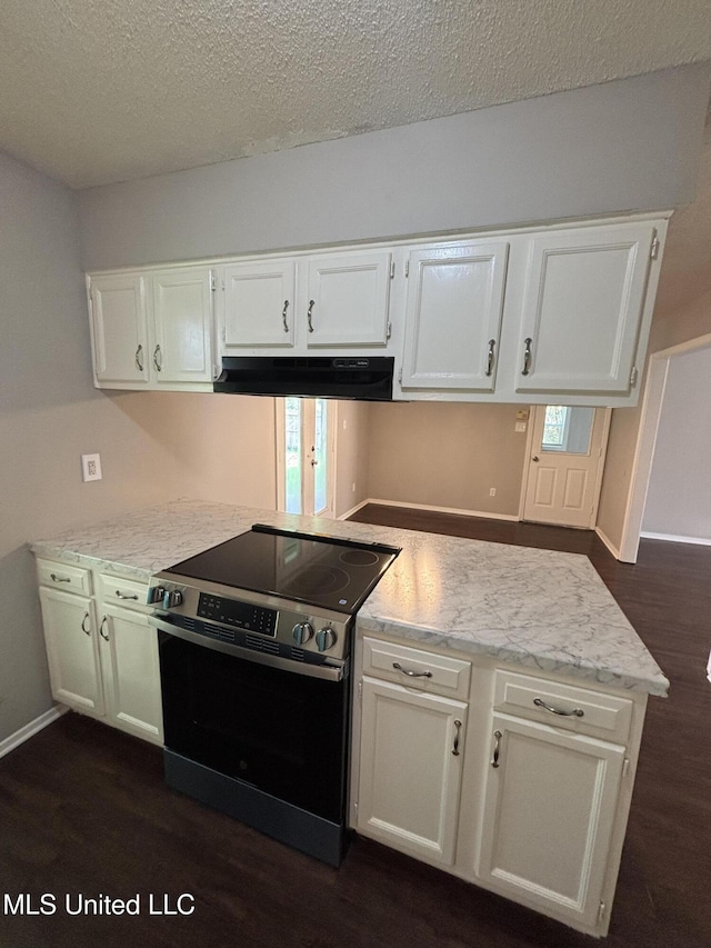 6405 Collinwood Rd, Horn Lake, MS 38637 - kitchen featuring electric range, under cabinet range hood, dark wood finished floors, and white cabinetry