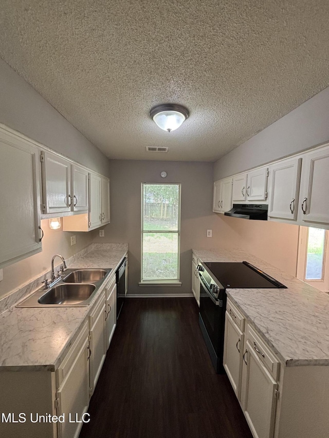 6405 Collinwood Rd, Horn Lake, MS 38637 - kitchen featuring white cabinets, a sink, a textured ceiling, electric stove, and under cabinet range hood