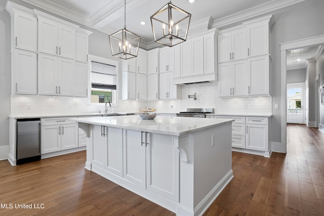 kitchen with white cabinetry, dark hardwood / wood-style flooring, and a kitchen island