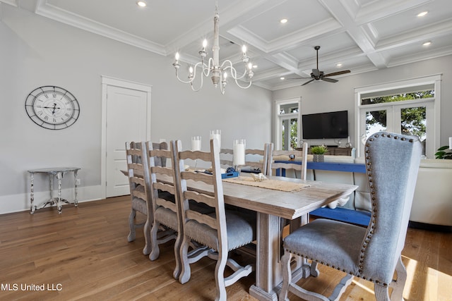 dining space with coffered ceiling, beamed ceiling, wood-type flooring, and ceiling fan with notable chandelier