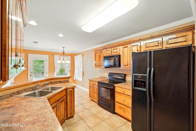 129 E Sunnybrook Rd, Carriere, MS 39426 - kitchen featuring black appliances, crown molding, light tile patterned flooring, a sink, and light countertops