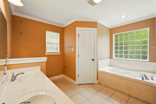 129 E Sunnybrook Rd, Carriere, MS 39426 - bathroom with a bath, tile patterned flooring, double vanity, ornamental molding, and recessed lighting