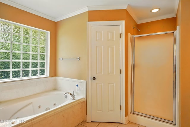 129 E Sunnybrook Rd, Carriere, MS 39426 - full bathroom with a stall shower, a jetted tub, tile patterned floors, crown molding, and recessed lighting