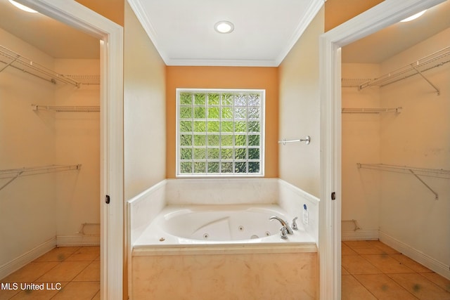 129 E Sunnybrook Rd, Carriere, MS 39426 - full bath with a tub with jets, tile patterned flooring, crown molding, a spacious closet, and recessed lighting