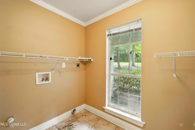 129 E Sunnybrook Rd, Carriere, MS 39426 - laundry room with electric dryer hookup, hookup for a washing machine, crown molding, baseboards, and light tile patterned floors