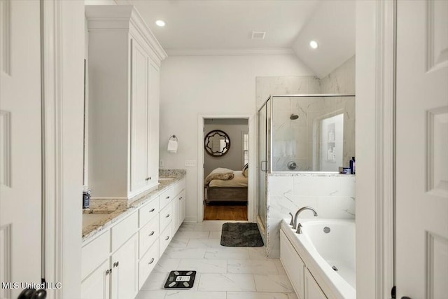 bathroom featuring marble finish floor, double vanity, recessed lighting, a shower stall, and a bath