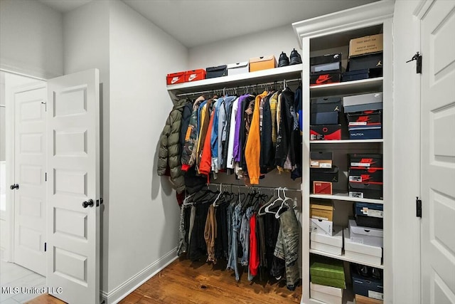 walk in closet featuring wood finished floors