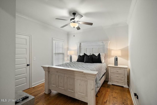 bedroom featuring ornamental molding, ceiling fan, dark wood-type flooring, and baseboards