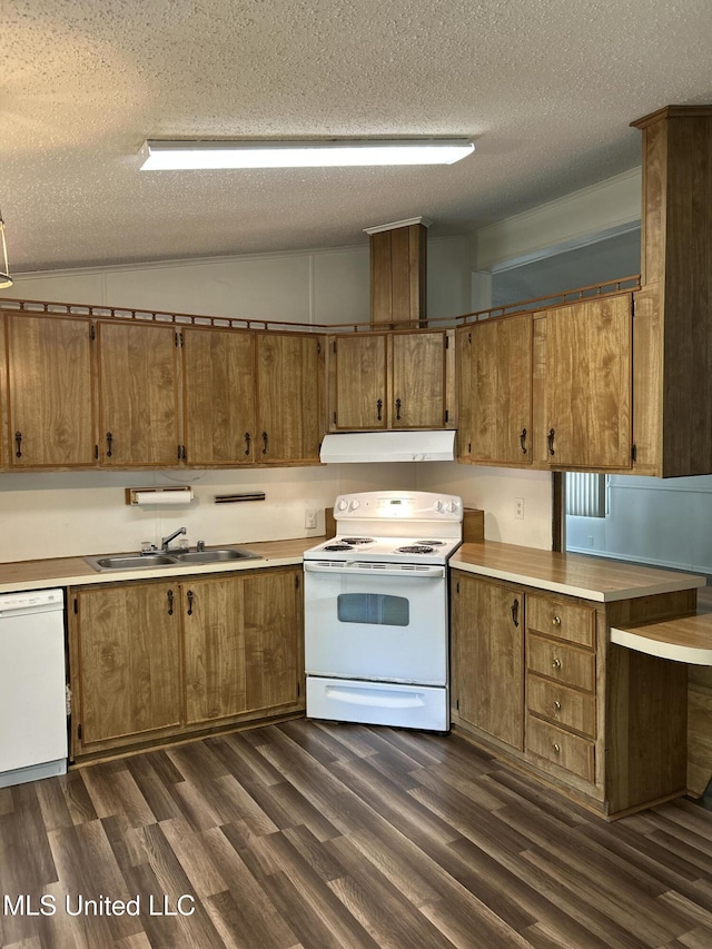 97131 Kapalama Dr, Diamondhead, MS 39525 - kitchen with white appliances, under cabinet range hood, dark wood-style floors, a textured ceiling, and brown cabinetry