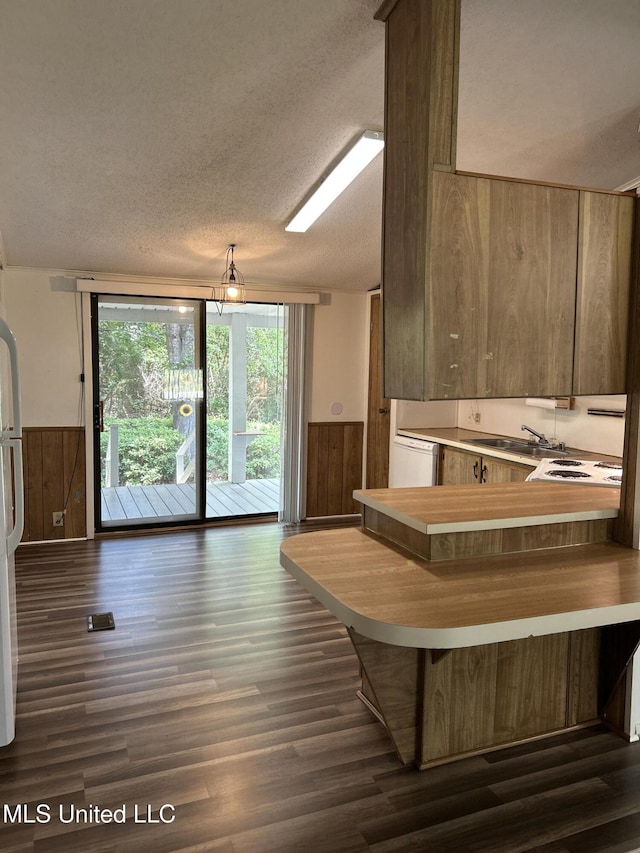 97131 Kapalama Dr, Diamondhead, MS 39525 - kitchen featuring dark wood finished floors, wainscoting, a textured ceiling, wood walls, and a sink