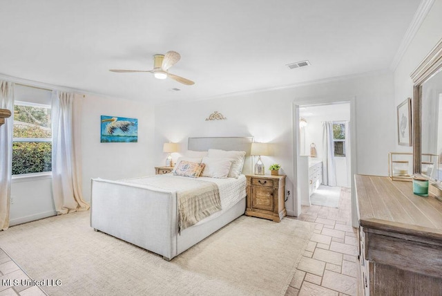 bedroom with crown molding and ceiling fan