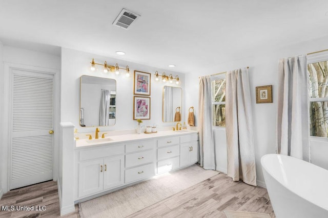 bathroom featuring vanity, a bath, and wood-type flooring