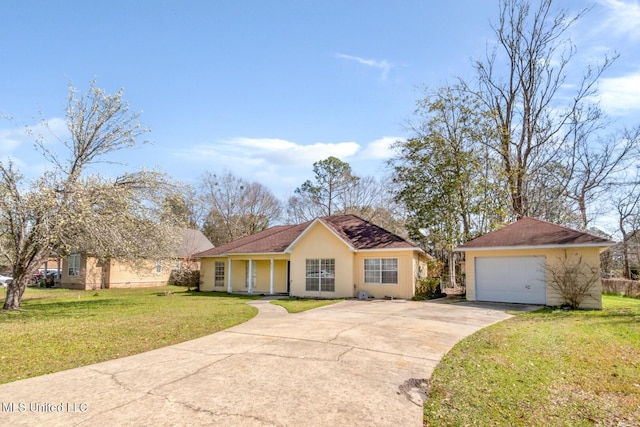 ranch-style house with stucco siding, an outdoor structure, concrete driveway, and a front yard