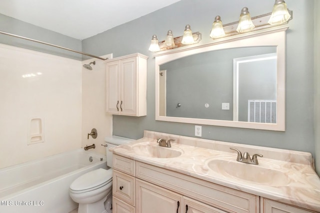 bathroom with visible vents, double vanity, a sink, toilet, and shower / bathtub combination