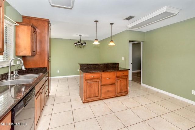 kitchen featuring black dishwasher, visible vents, light tile patterned floors, and a sink