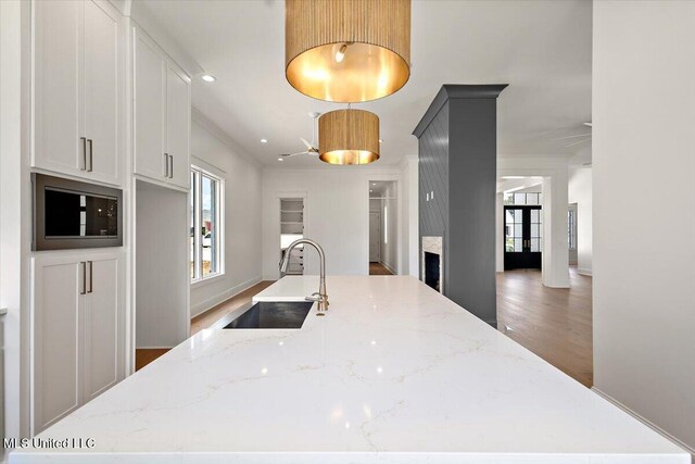 462 Whittington Cir, Madison, MS 39110 - kitchen featuring a high end fireplace, built in microwave, a large island with sink, a sink, and light wood finished floors