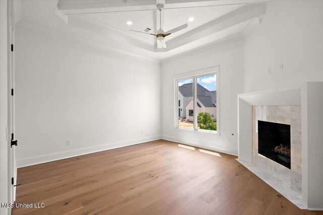 462 Whittington Cir, Madison, MS 39110 - unfurnished living room with crown molding, recessed lighting, baseboards, wood finished floors, and a high end fireplace